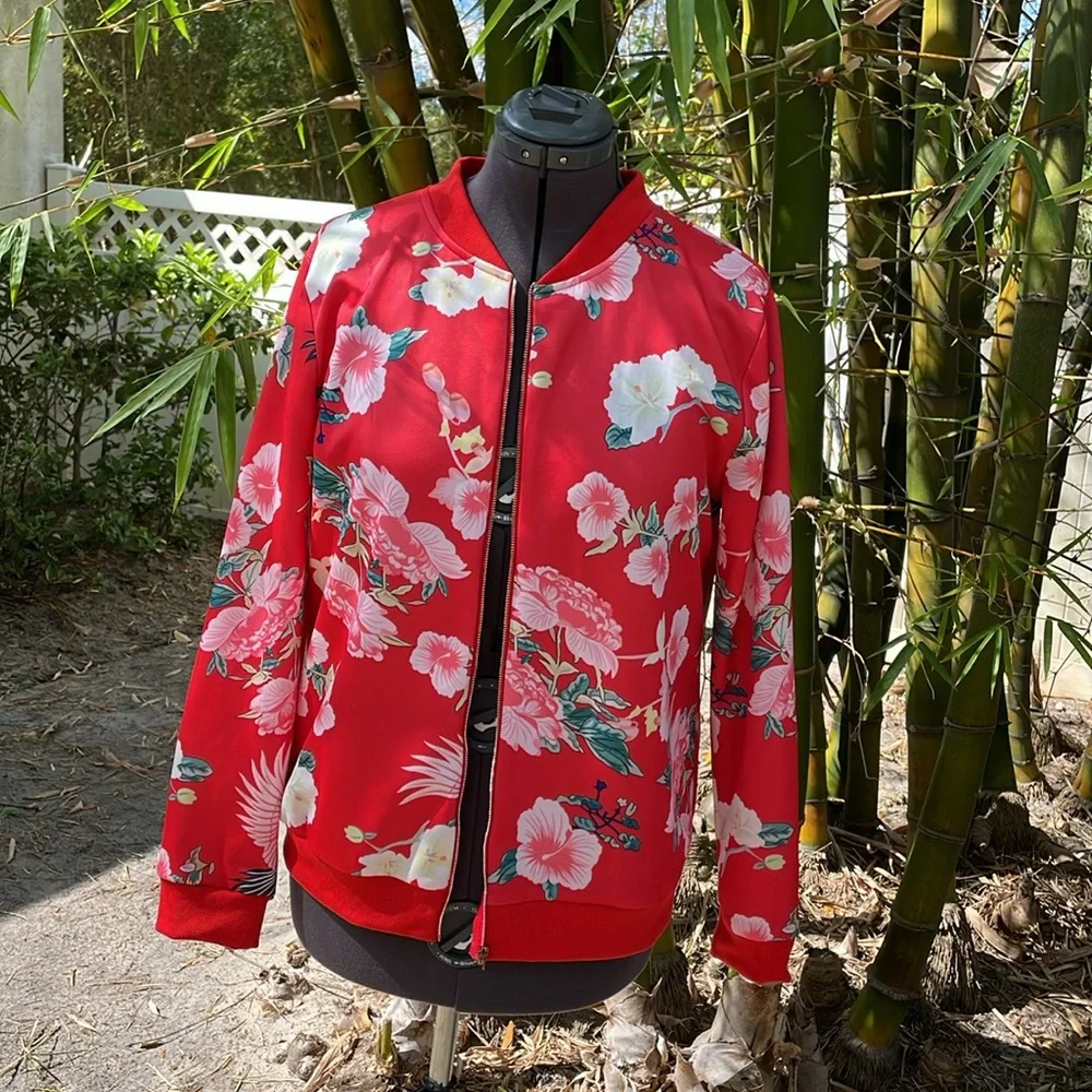ECOWISH Women's Casual Floral Zip Up Bomber Jacket - Picture 2 of 9